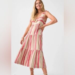 Faherty Lanai Striped Tiered Tie Shoulder Midi Dress Size XS NEW NWT Linen Blend